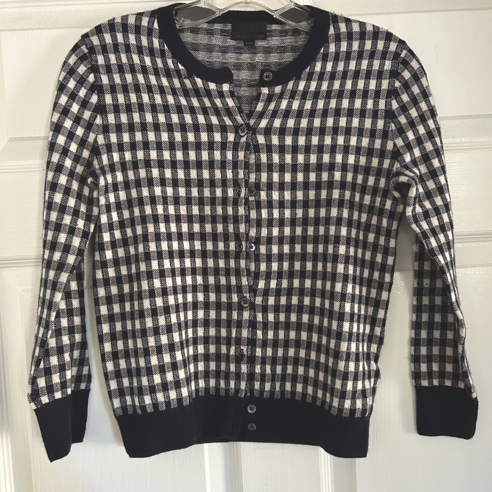 XXS J.Crew Italian Cashmere navy + white check cardigan
